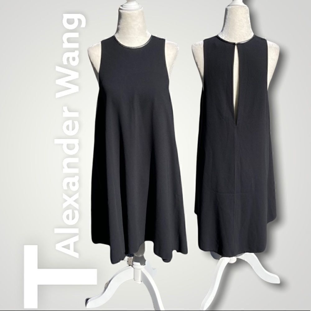 T Alexander Wang Leather Trimmed Crepe Melange Trapeze Raw Cut Swing Dress, Sz 0